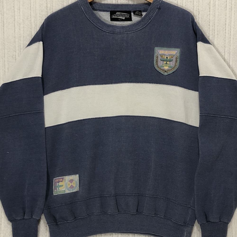 Vtg 90s Expressions Aviation Patch Crewneck Sweatshirt Large Colorblock Blue